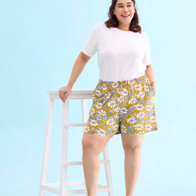 Women Printed Yellow Cotton Knit Lounge Shorts