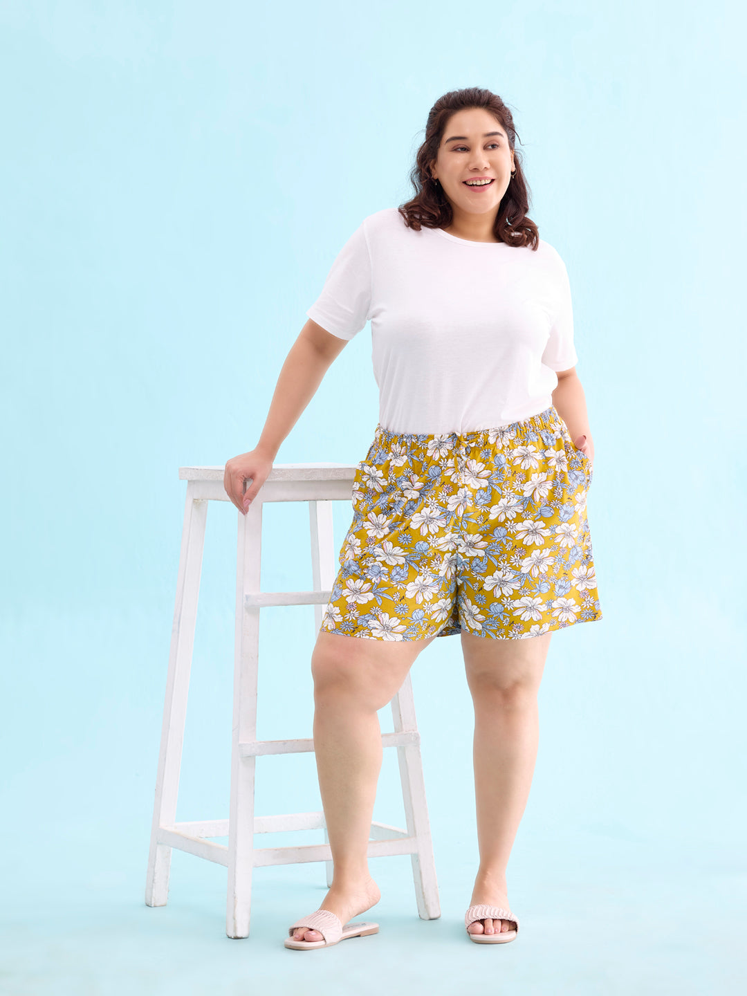 Women Printed Yellow Cotton Knit Lounge Shorts