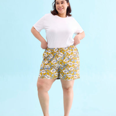 Women Printed Yellow Cotton Knit Lounge Shorts