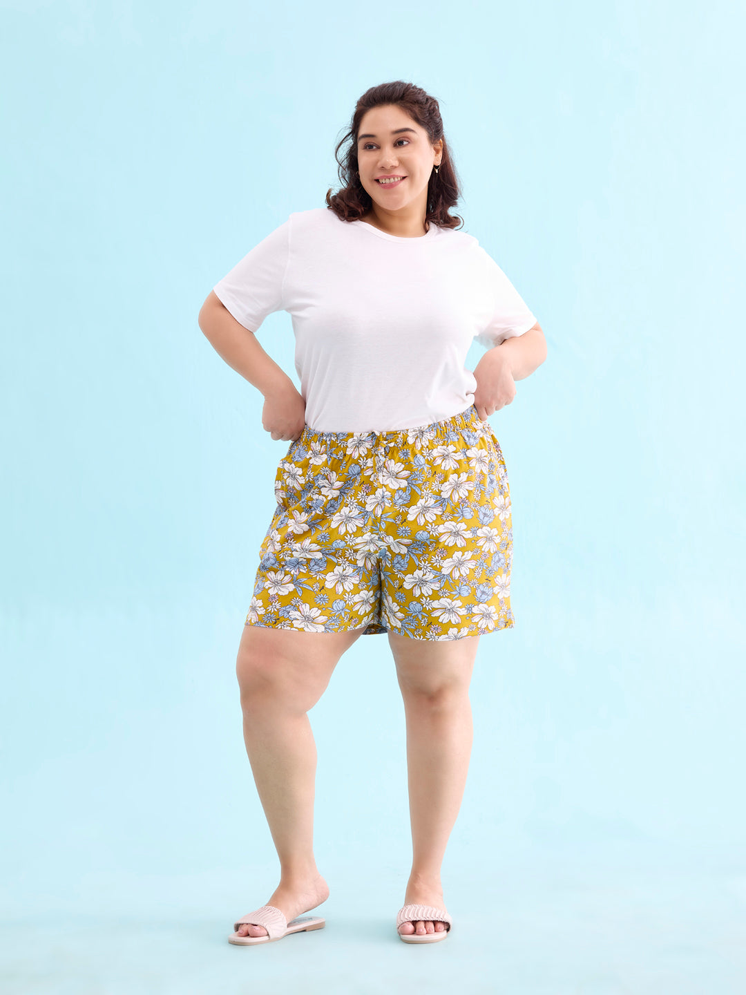 Women Printed Yellow Cotton Knit Lounge Shorts