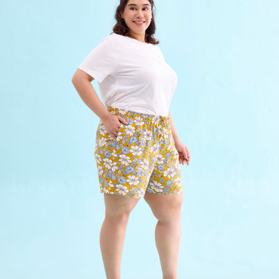 Women Printed Yellow Cotton Knit Lounge Shorts