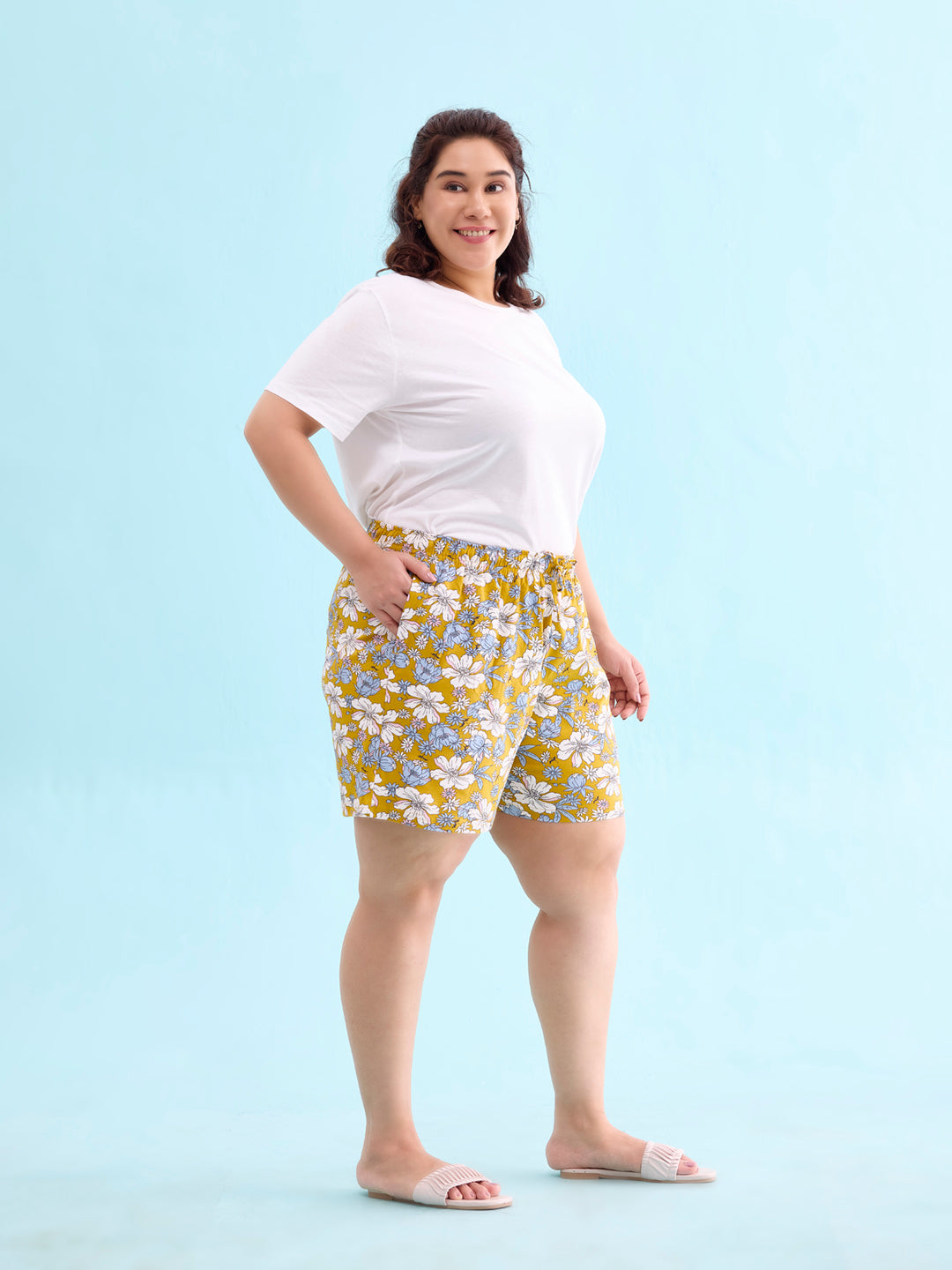 Women Printed Yellow Cotton Knit Lounge Shorts