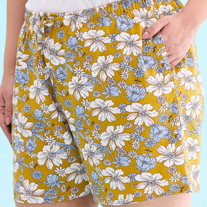 Women Printed Yellow Cotton Knit Lounge Shorts