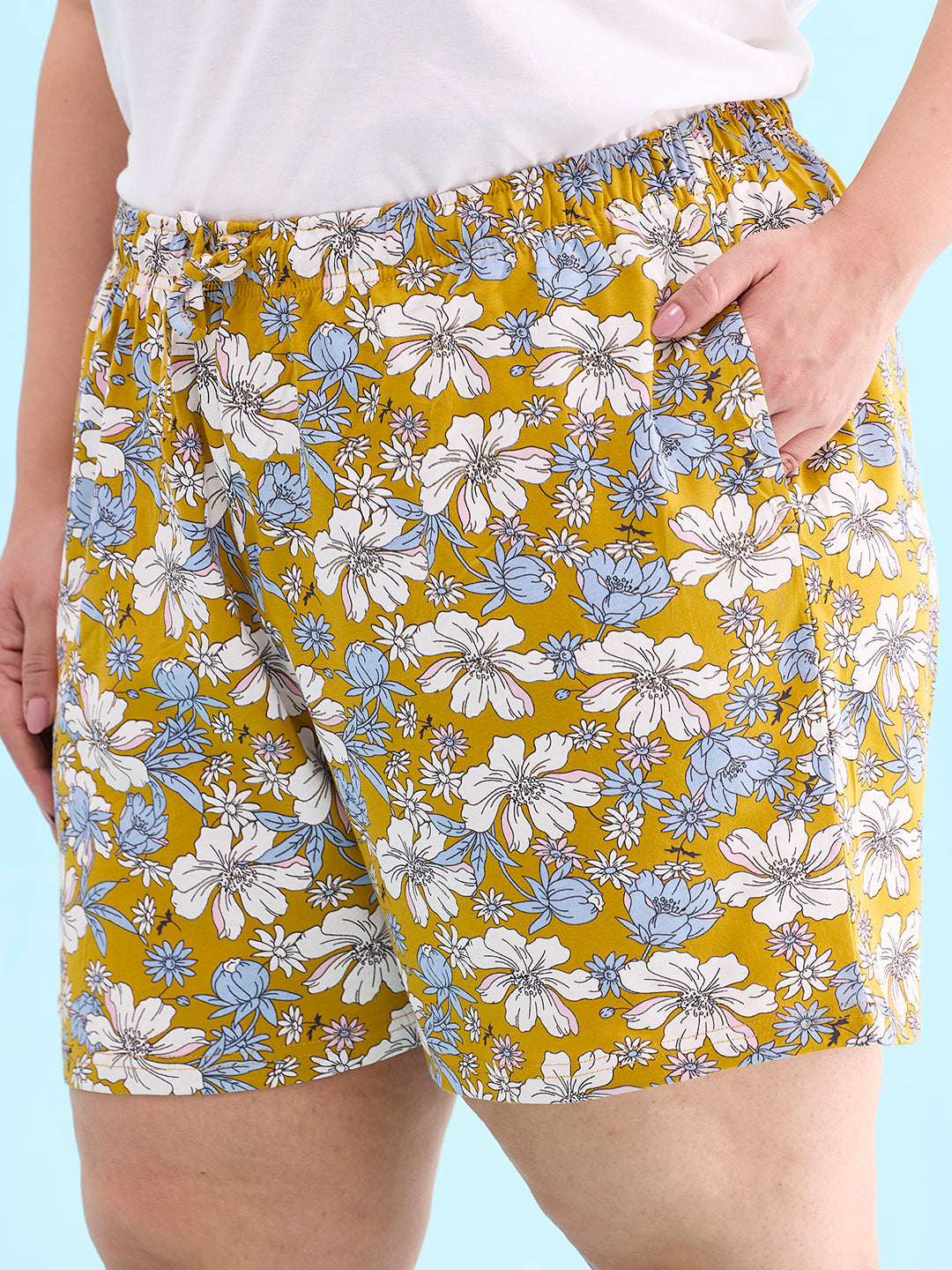 Women Printed Yellow Cotton Knit Lounge Shorts