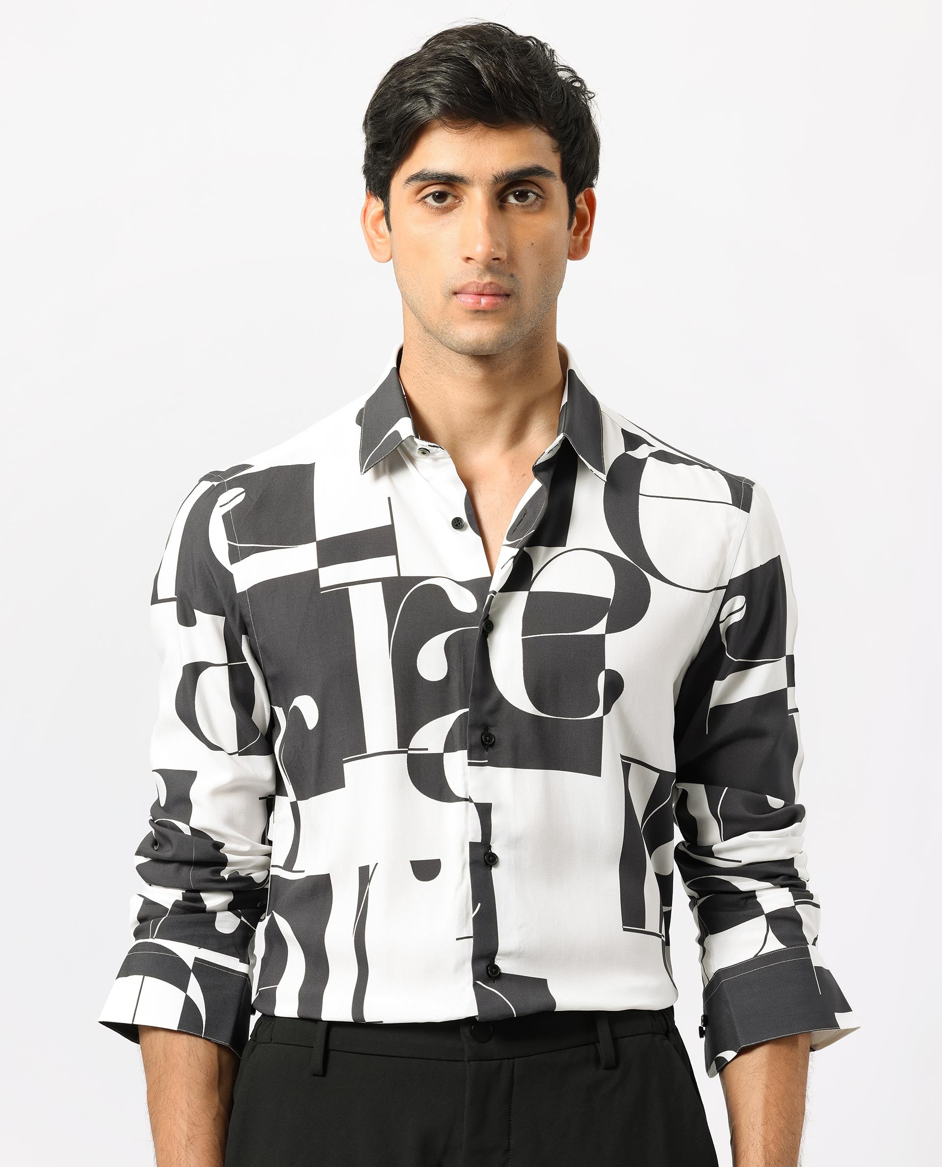 Rare Rabbit Men's Hydro White Viscose Fabric Graphic Print Full Sleeves Statement Shirt