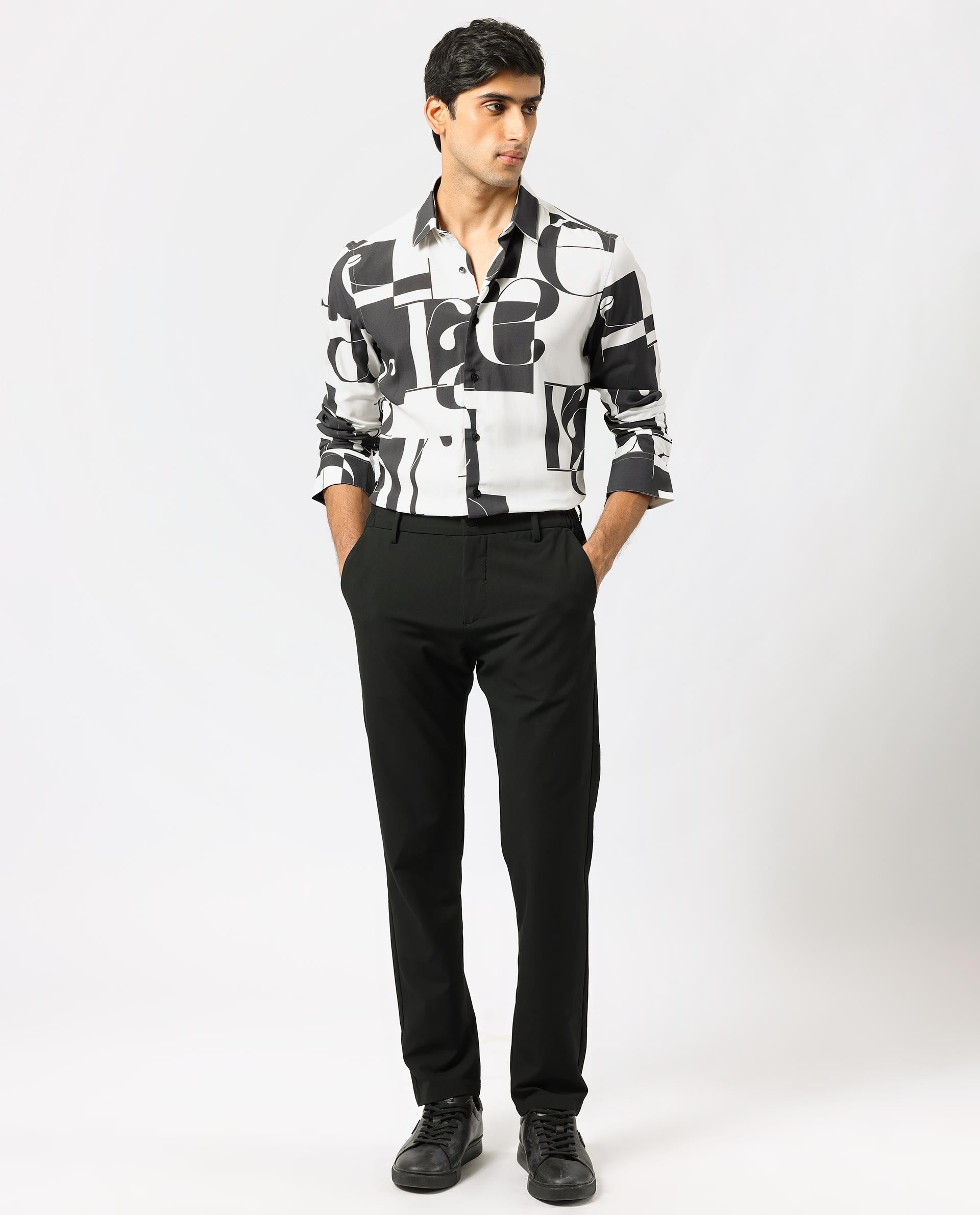 Rare Rabbit Men's Hydro White Viscose Fabric Graphic Print Full Sleeves Statement Shirt