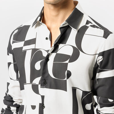 Rare Rabbit Men's Hydro White Viscose Fabric Graphic Print Full Sleeves Statement Shirt