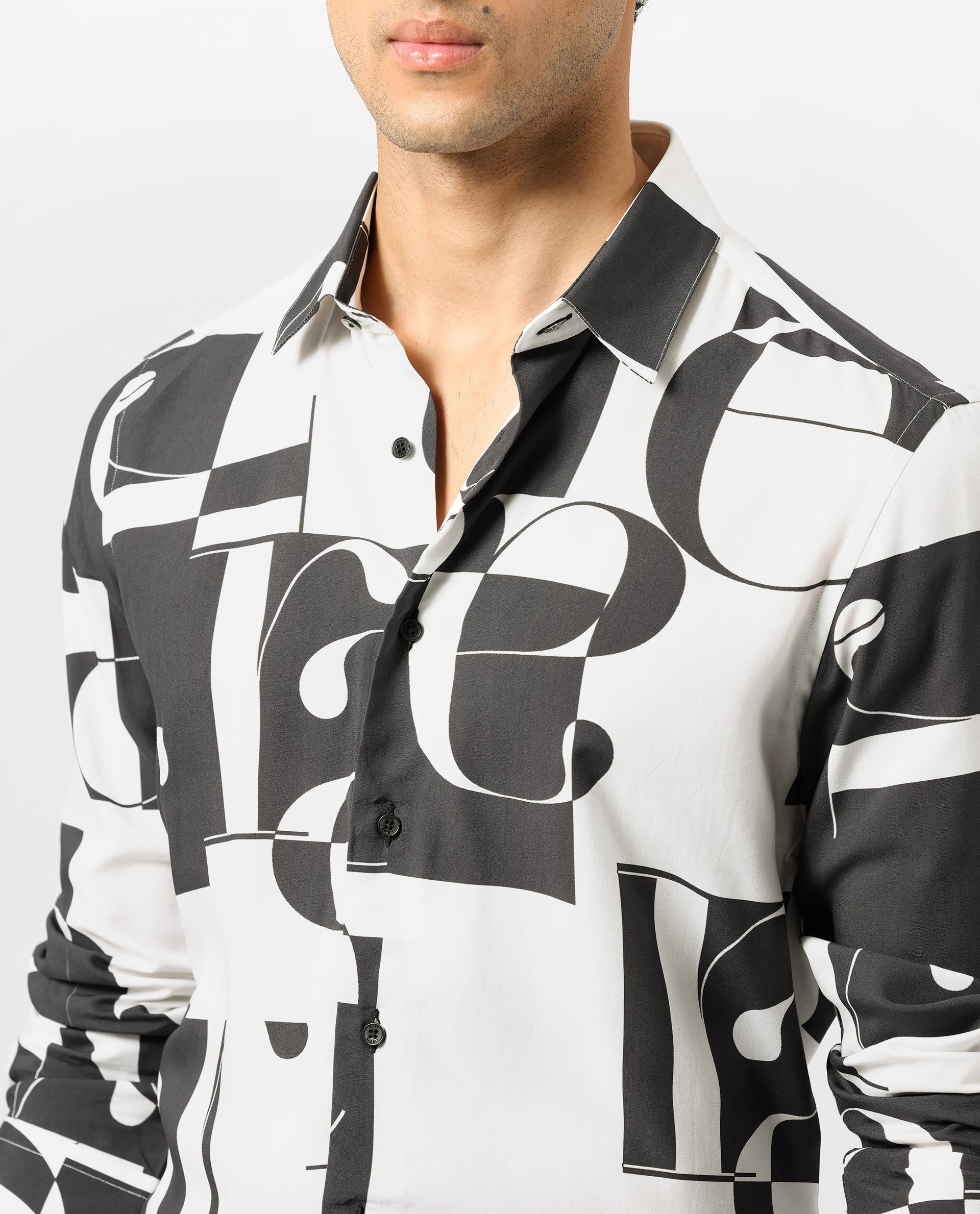 Rare Rabbit Men's Hydro White Viscose Fabric Graphic Print Full Sleeves Statement Shirt
