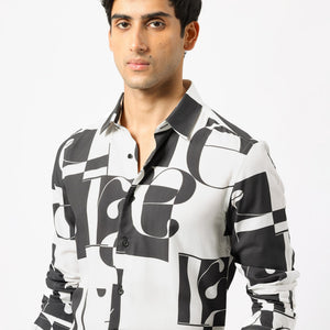 Rare Rabbit Men's Hydro White Viscose Fabric Graphic Print Full Sleeves Statement Shirt