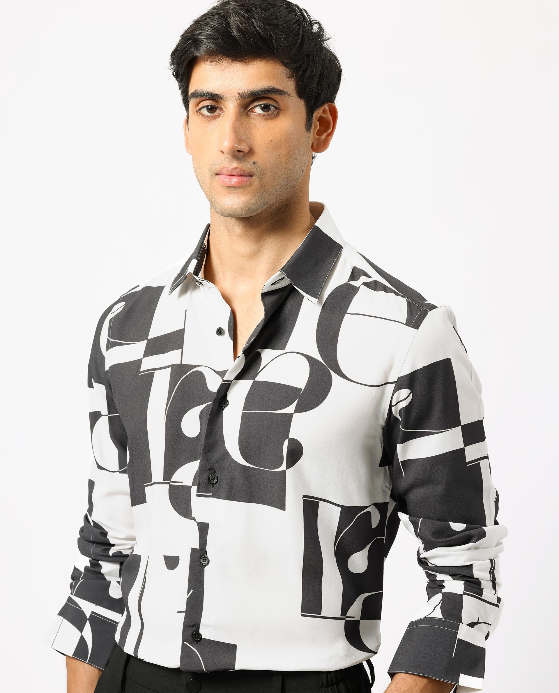 Rare Rabbit Men's Hydro White Viscose Fabric Graphic Print Full Sleeves Statement Shirt