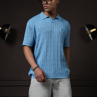 Pristine Cable Knit Polo -  Cornflower Blue