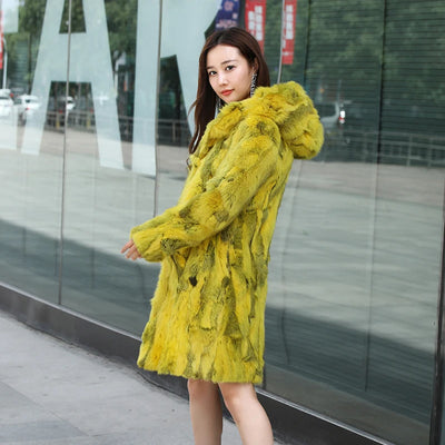 Hooded  Natural Rabbit Women Winter Jacket