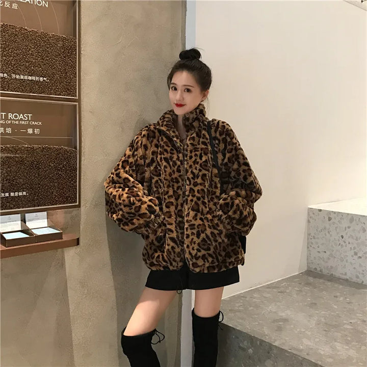 Women Chaqueta Vintage Leopard Stand Collar