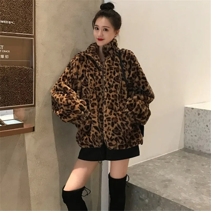 Women Chaqueta Vintage Leopard Stand Collar