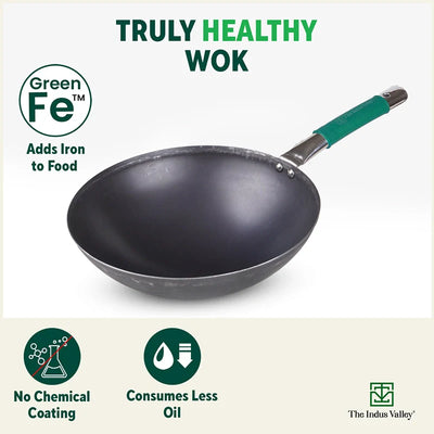 100% Pure Iron Wok with Steel Cool Touch Handle & Silicone Grip, Toxin-free Sheet Iron, Pre-seasoned, 2/3.5 L, 24.6/30.8 Cm, 1/1.4 Kg