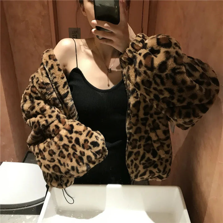 Women Chaqueta Vintage Leopard Stand Collar