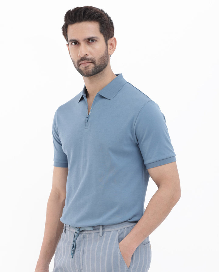 Rare Rabbit Men's Holit Dark Blue Half Sleeves Solid Polo T-Shirt