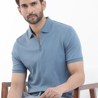 Rare Rabbit Men's Holit Dark Blue Half Sleeves Solid Polo T-Shirt