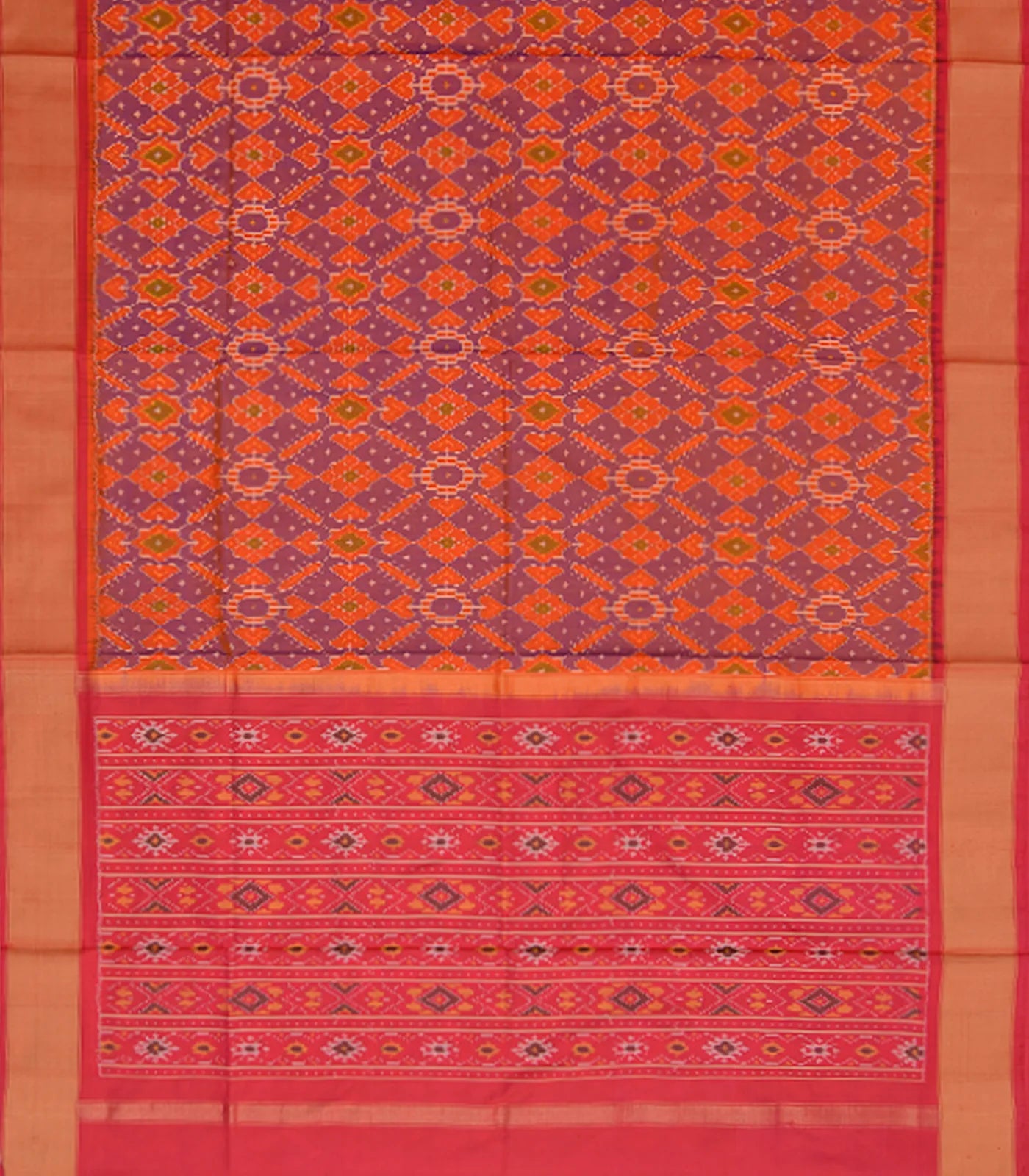 Orange Handwoven Rajkot Patola Silk Saree With Diamond Motifs And Pink Border & Pallu-Orange