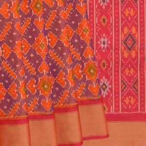 Orange Handwoven Rajkot Patola Silk Saree With Diamond Motifs And Pink Border & Pallu-Orange