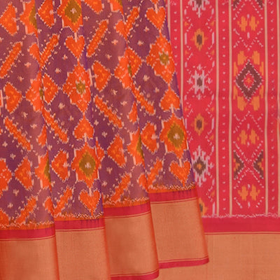 Orange Handwoven Rajkot Patola Silk Saree With Diamond Motifs And Pink Border & Pallu-Orange