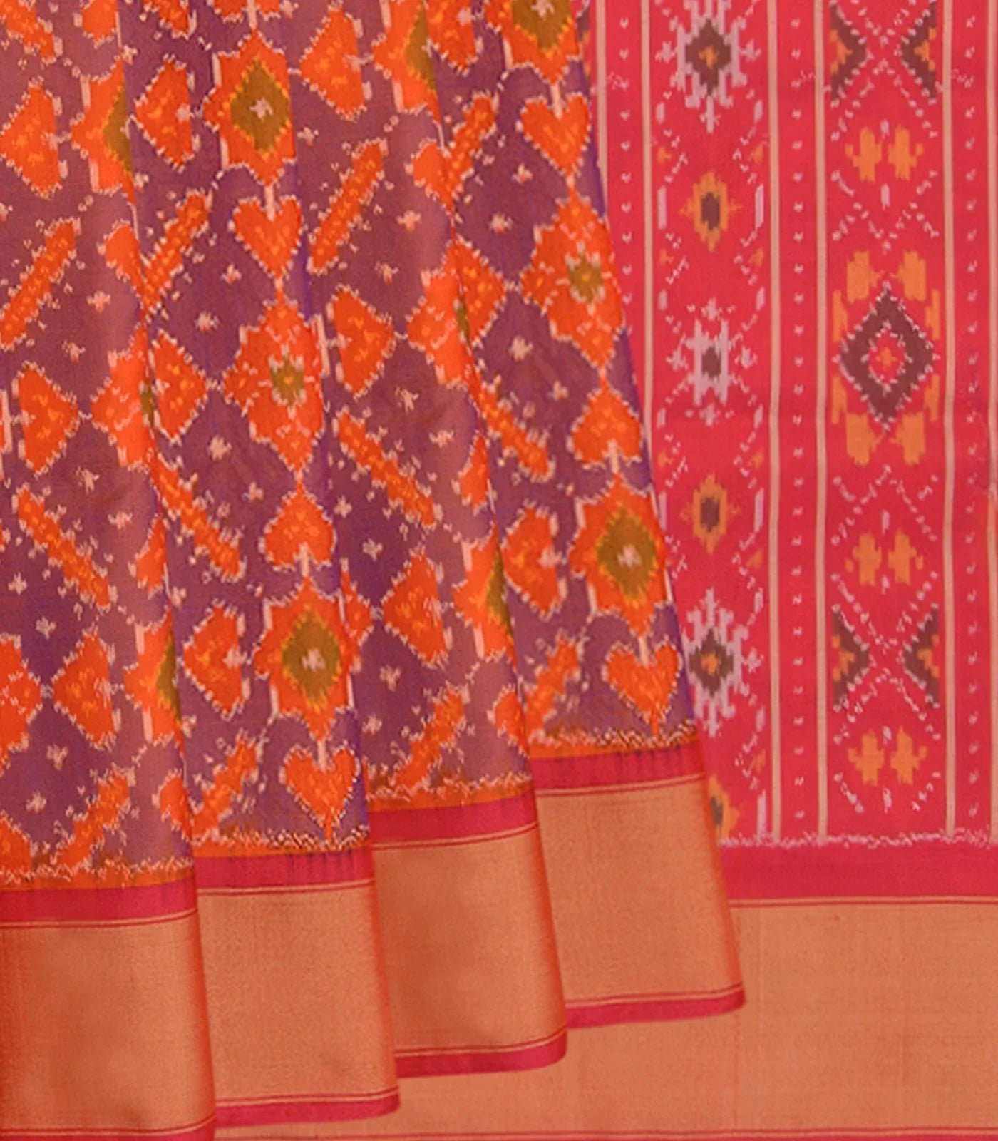 Orange Handwoven Rajkot Patola Silk Saree With Diamond Motifs And Pink Border & Pallu-Orange