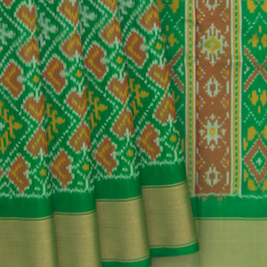 Green Handwoven Rajkot Patola Silk Saree With Diamond Motifs And Golden Zari Border-Green