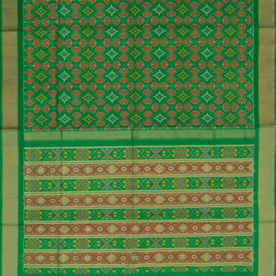 Green Handwoven Rajkot Patola Silk Saree With Diamond Motifs And Golden Zari Border-Green