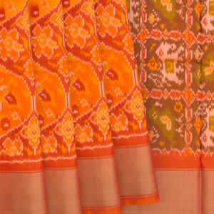 Orange Handwoven Rajkot Patola Silk Saree With Parrot and Elephant Motifs On Pallu