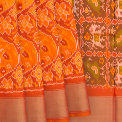 Orange Handwoven Rajkot Patola Silk Saree With Parrot and Elephant Motifs On Pallu