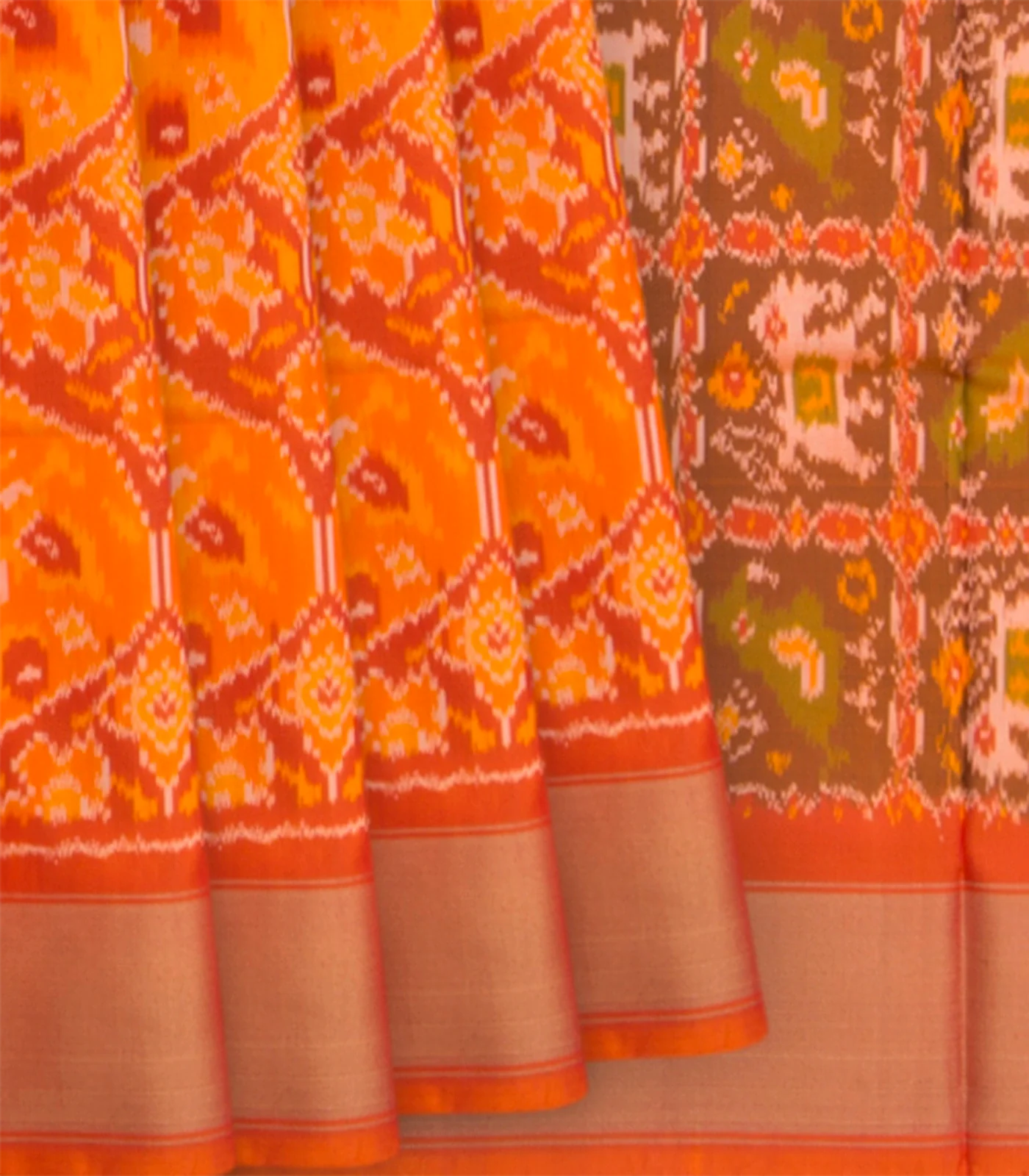 Orange Handwoven Rajkot Patola Silk Saree With Parrot and Elephant Motifs On Pallu