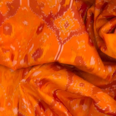 Orange Handwoven Rajkot Patola Silk Saree With Parrot and Elephant Motifs On Pallu