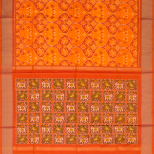 Orange Handwoven Rajkot Patola Silk Saree With Parrot and Elephant Motifs On Pallu