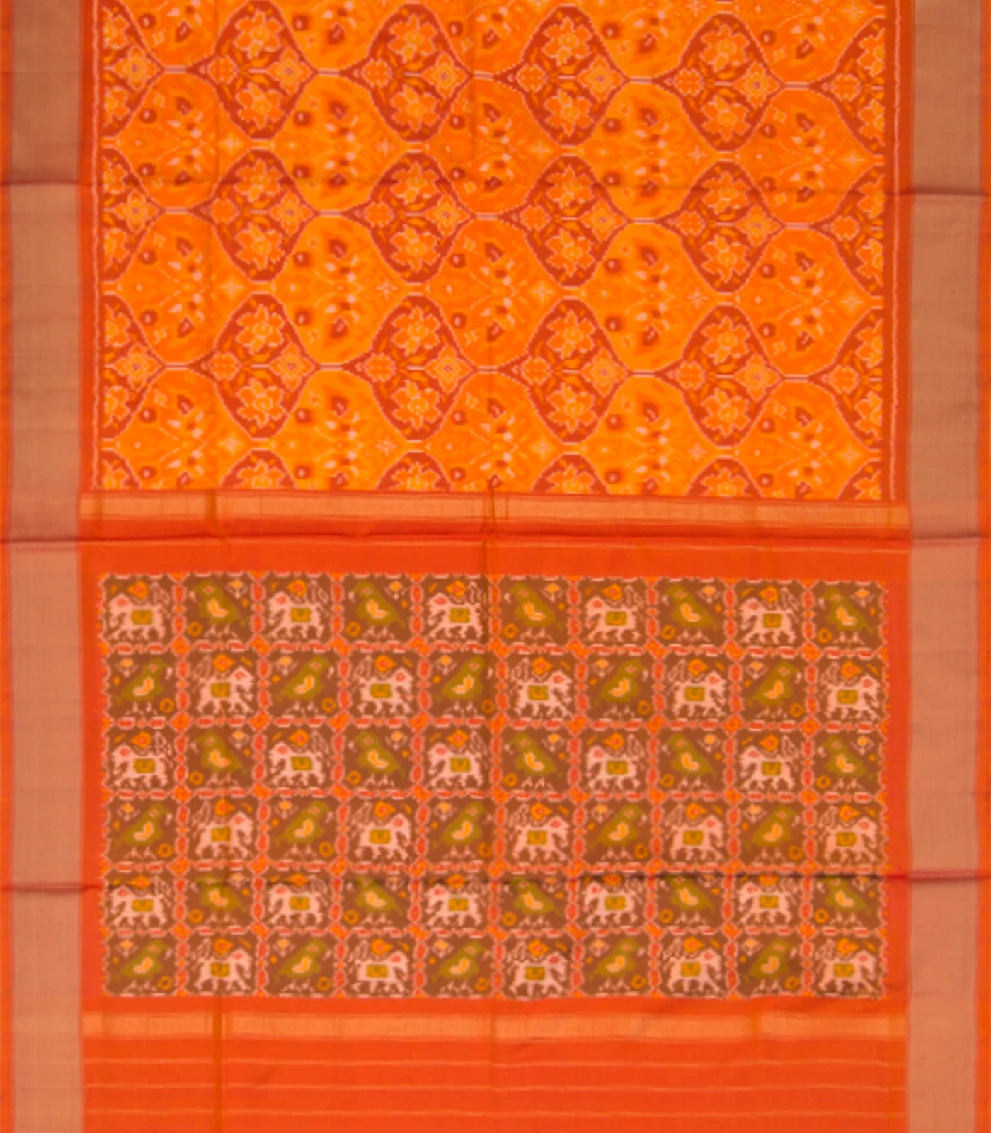 Orange Handwoven Rajkot Patola Silk Saree With Parrot and Elephant Motifs On Pallu