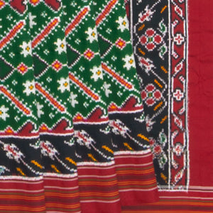 Green Handwoven Doule Ikat Saree With Vine Motifs in Black & Maroon Border-Green