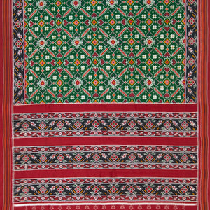 Green Handwoven Doule Ikat Saree With Vine Motifs in Black & Maroon Border-Green