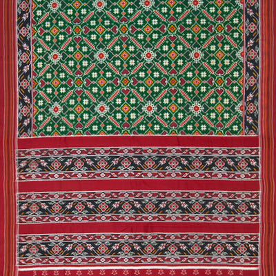 Green Handwoven Doule Ikat Saree With Vine Motifs in Black & Maroon Border-Green