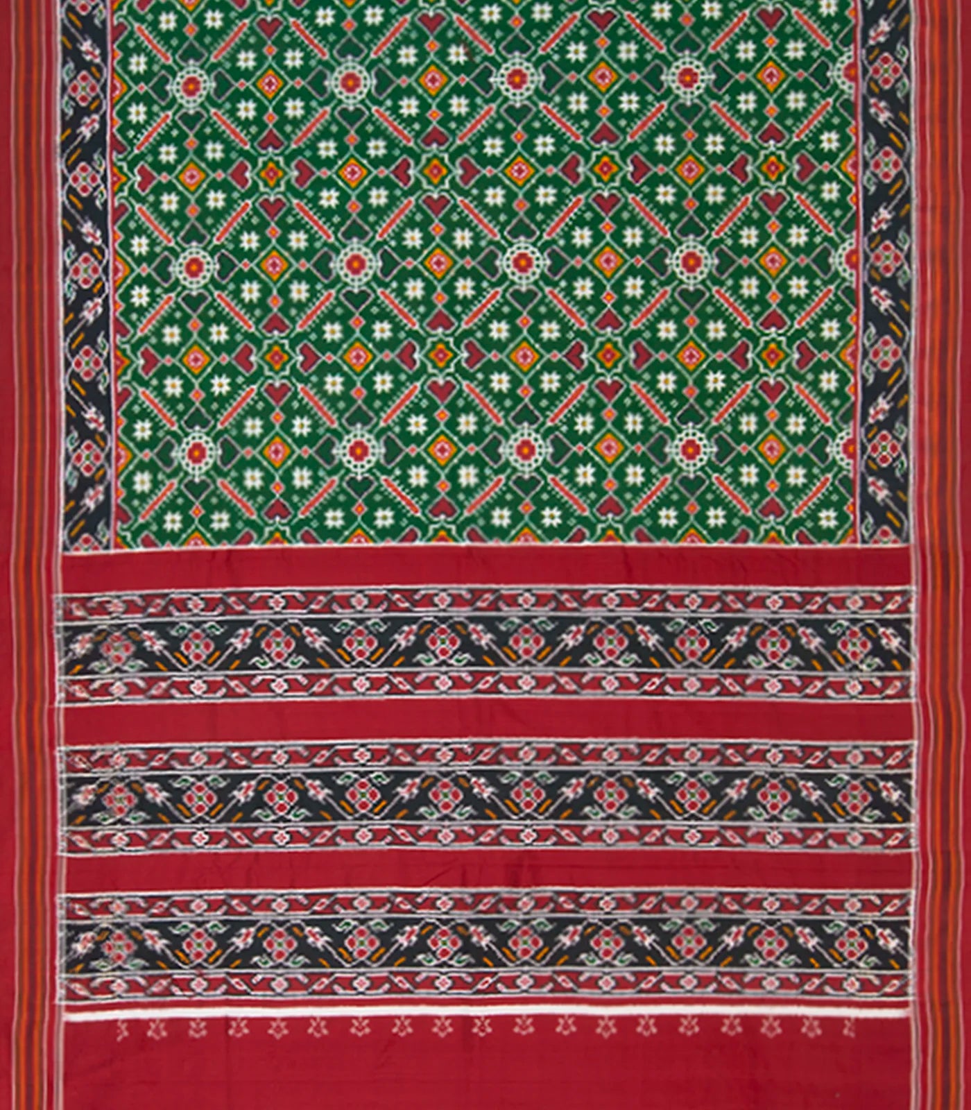 Green Handwoven Doule Ikat Saree With Vine Motifs in Black & Maroon Border-Green