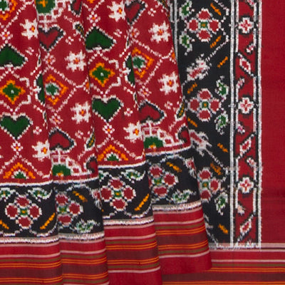 Crimson Handwoven Double Ikat Saree With Diamond Motifs & Flower Vine Motifs in Pallu