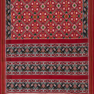 Crimson Handwoven Double Ikat Saree With Diamond Motifs & Flower Vine Motifs in Pallu