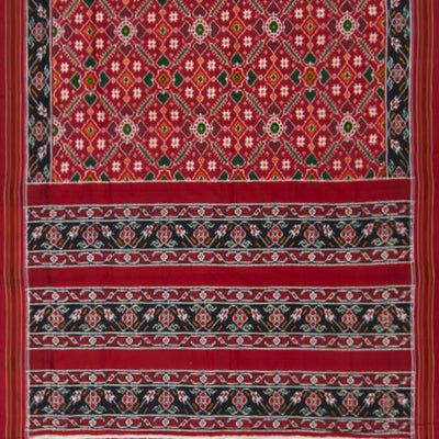 Crimson Handwoven Double Ikat Saree With Diamond Motifs & Flower Vine Motifs in Pallu