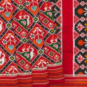 Crimson Handwoven Double Ikat Saree With Elephant & Bird Motifs in Diamond Pattern-Crimson