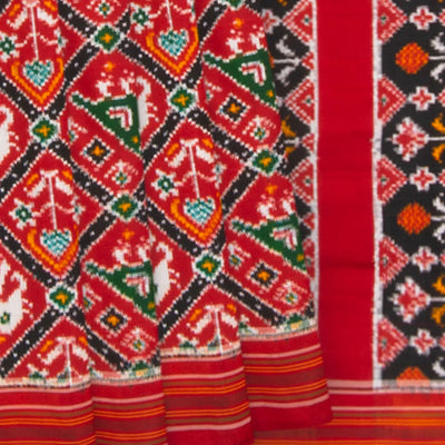 Crimson Handwoven Double Ikat Saree With Elephant & Bird Motifs in Diamond Pattern-Crimson