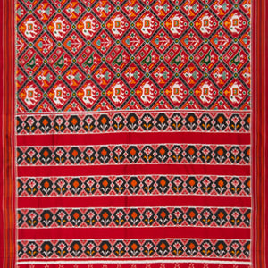 Crimson Handwoven Double Ikat Saree With Elephant & Bird Motifs in Diamond Pattern-Crimson