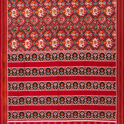 Crimson Handwoven Double Ikat Saree With Elephant & Bird Motifs in Diamond Pattern-Crimson