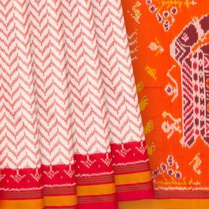 Off White Handwoven Ikat Silk Saree With Chevron Motifs & Orange Pallu-Off White