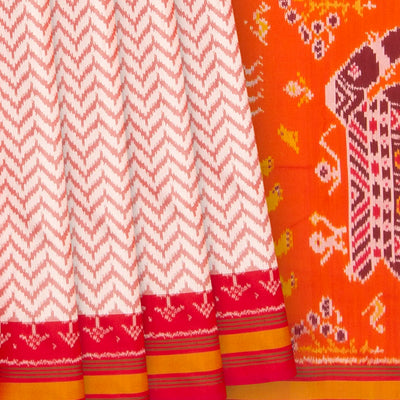 Off White Handwoven Ikat Silk Saree With Chevron Motifs & Orange Pallu-Off White