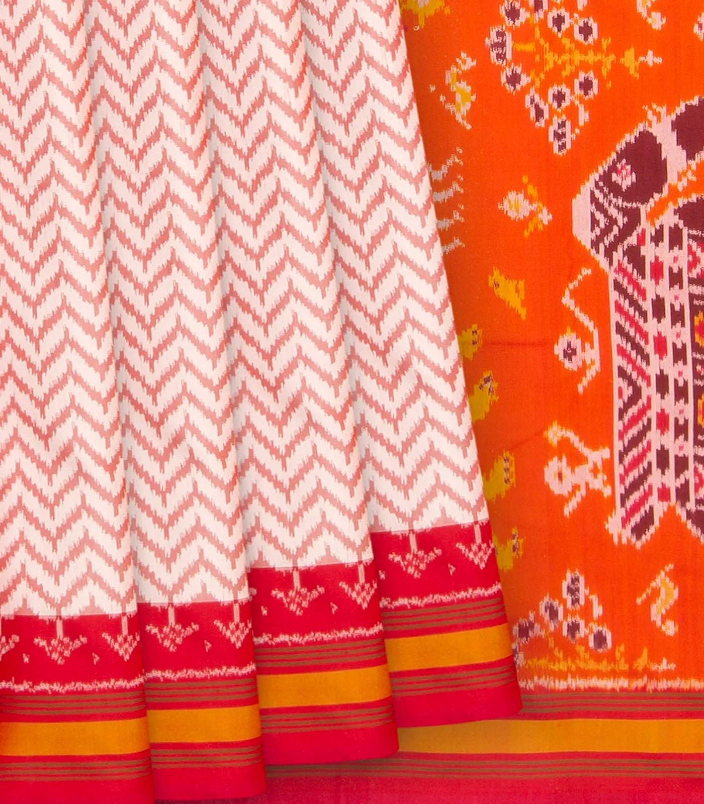 Off White Handwoven Ikat Silk Saree With Chevron Motifs & Orange Pallu-Off White