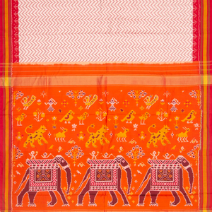 Off White Handwoven Ikat Silk Saree With Chevron Motifs & Orange Pallu-Off White