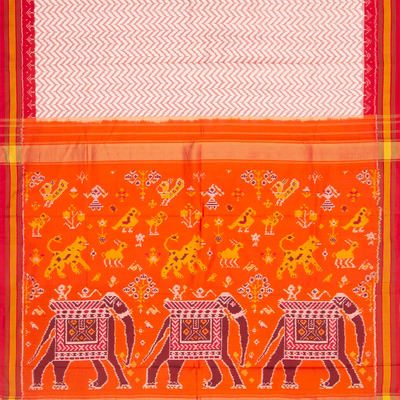 Off White Handwoven Ikat Silk Saree With Chevron Motifs & Orange Pallu-Off White